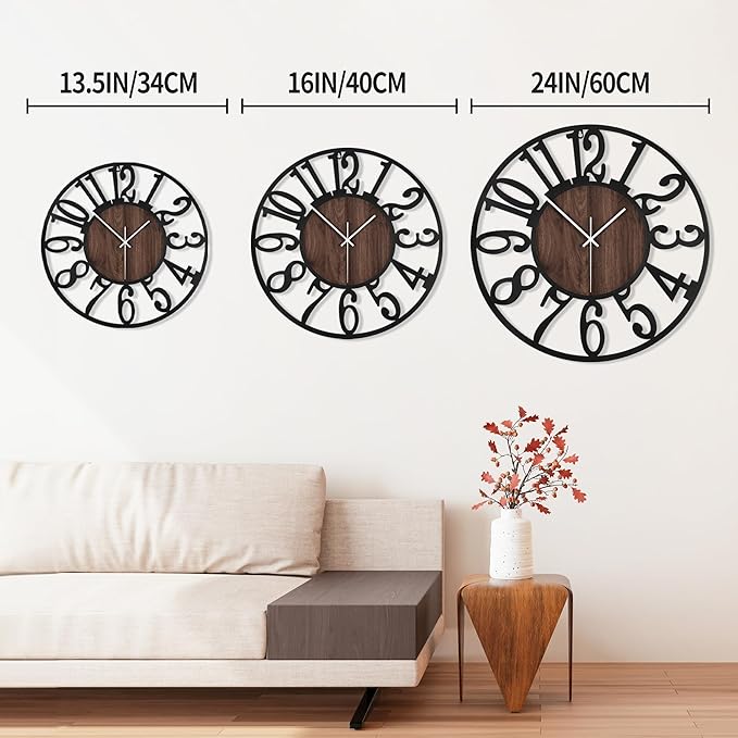 1st owned Wall Clock for Living Room -13" Silent Non Ticking,Battery Operated,Black Metal, Antique Wood Clocks for Farmhouse,Dining Room,Bedroom,Kitchen Clock Wall Decor- Arabic Numerals