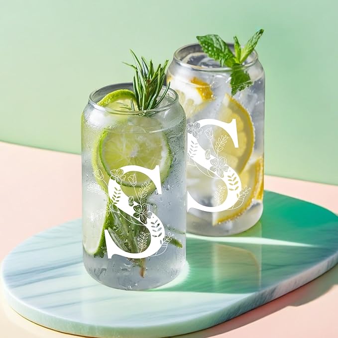 Unique Initial Glass Cup with Lids and Straws, Monogrammed Gifts Box Included Makeup Bag, Christmas Birthday Gifts for Women Mom Sister Grandma, S