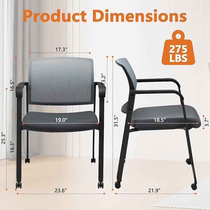 CLATINA Mesh Back Stacking Arm Chairs with Upholstered Fabric Seat and Ergonomic Lumbar Support for Office School Church Guest Reception (WithWheels Gray- 2 Pack)