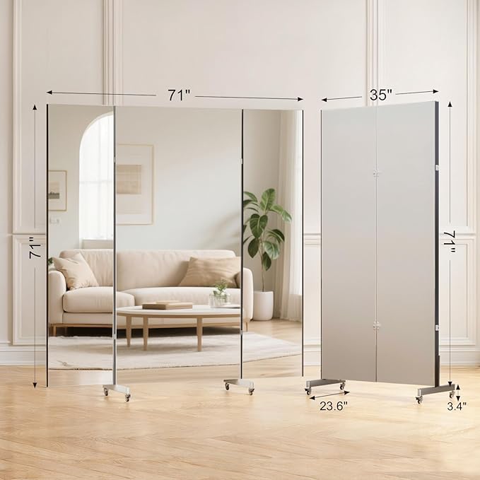 brisafe Full Length Mirror with 360° Wheels, 71"x71" Foldable Floor Mirror with Nano-Tech Shatterproof Film - Ultra-Large Mobile Mirror for Home Gym, Dance Studio & Commercial Spaces (White)
