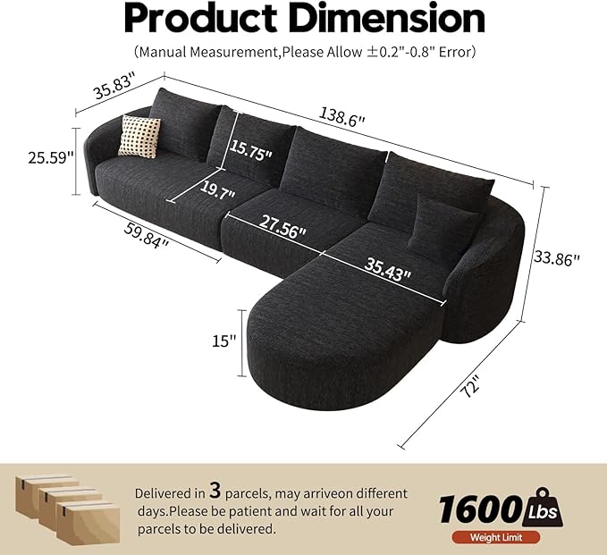 138.6" Modular Sectional Couches Luxury Modern Curved Back Sofa,Minimalist Comfy L-Shape Boneless Cloud Couch for Living Room Apartment,(Right Facing Chaise,Black)