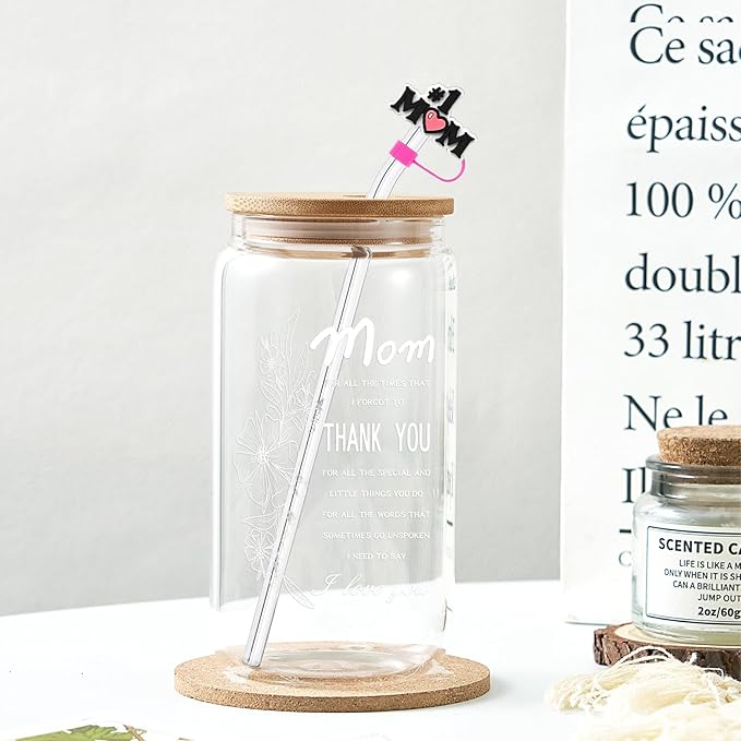 Gifts for Mom, Mothers Day Gifts from Daughter Son, 16oz Ice Coffee Glass Cup with Bamboo Lids, Straws, Birthday Present Ideas for Mom Wife Sister Friends - Including Straw Cap, Cozy Socks