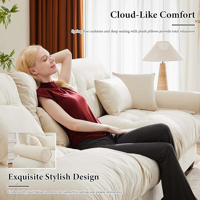 93.7" Loveseat Sofa, 2 Seater Modular Sectional Sofa, Beige White Large L Shaped Sectional Couches for Living Room, Fluffy Couch, Love Seat, Velvet Cloud Couch with Ottoman, Deep Seat for Living Home