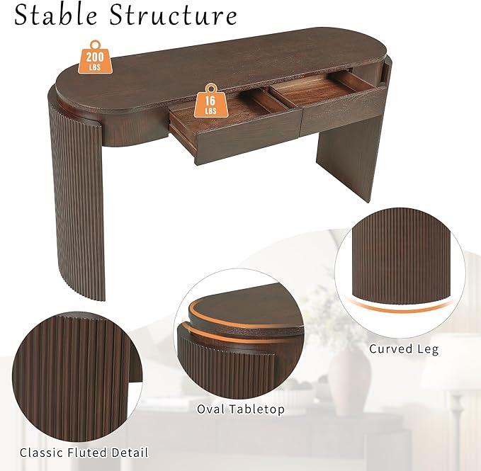 55.1" Entryway Narrow Console Table with Drawers, Oval Top & Fluted Legs, Natural Wood Grain Sofa Table for Hallway, Foyer, Behind Couch, Accent Table for Living Room, Solid Wood + MDF (Espresso)