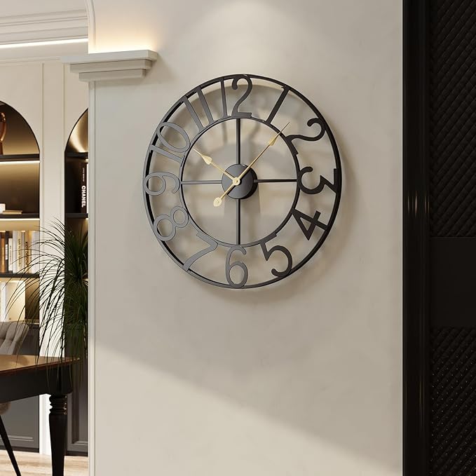 Black 16 Inch Wall Clock Decorative, Modern Metal Clock for Lving Room, Battery-Operated Silent Non Ticking Arabic Numerals Wall Clocks for Bedroom, Kitchen, Dining Room, Office