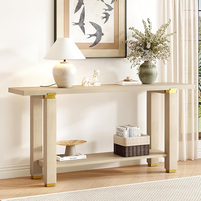 63" Modern Minimalist Console Table with Storage Shelf, Solid Wood Industrial Entryway Sofa Table with Metal Accents for Living Room, Hallway (Natural)