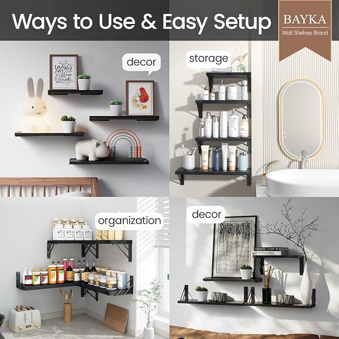 BAYKA Wall Mounted Floating Shelves, Wood Floating Wall Shelf for Books & Decor, Small Space-Saving Display & Organizer（Black，Set of 4）