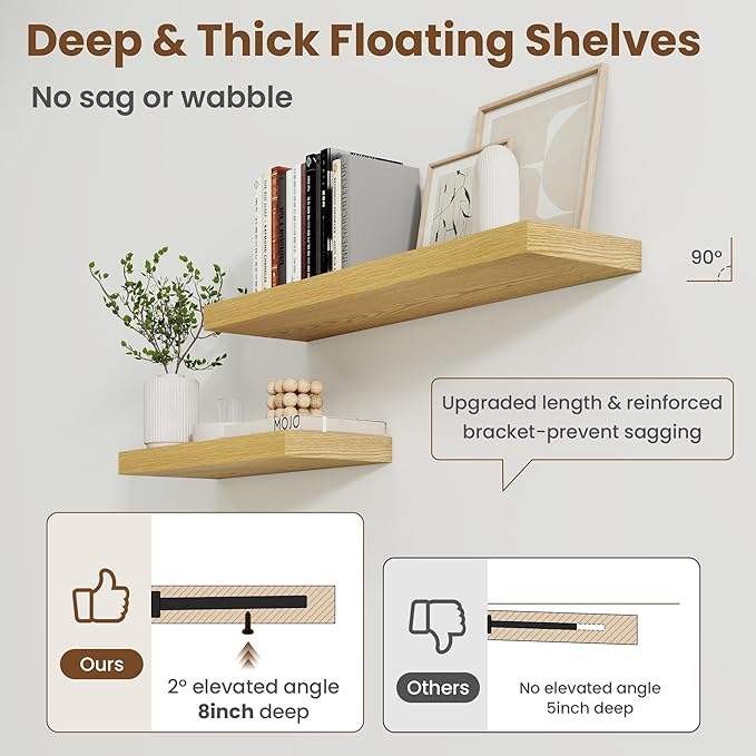 20 Inch Floating Shelves for Wall, 8 Inch Deep Floating Shelf for Storage & Display, Rustic Wall Mounted Shelf with Invisible Brackets for Living Room, Kitchen, Bathroom, Home Decor, Set of 2, Oak