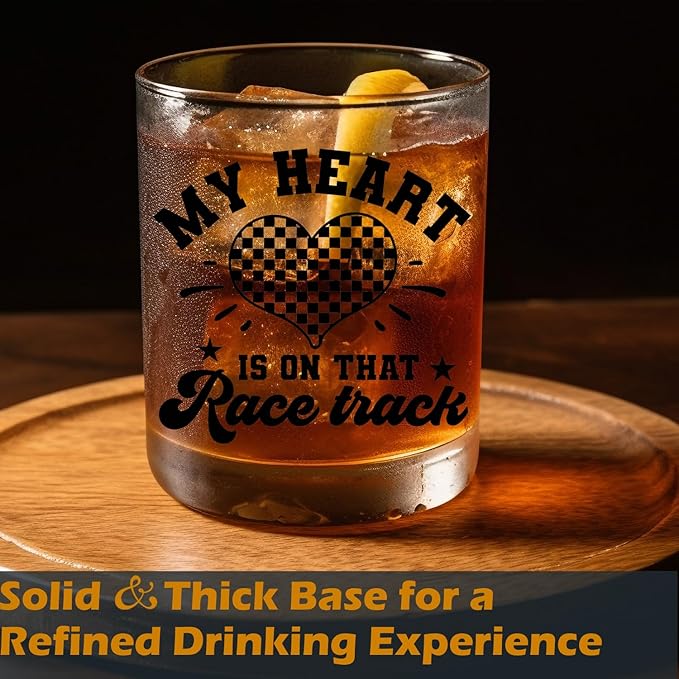 Racing Gifts Old Fashioned Whiskey Glasses, Track Racing Gifts for Racer, My Heart Is On That Race Track 10 oz Rocks Barware Cup for Cocktail Drinks Scotch Bourbon Liquor