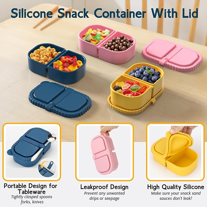6 Pack Reusable Silicone Snack Containers with Lids, Mini Containers 2 Compartments, Portable Silicone Food Storage Box for Picnic, Lunch, Office (6)