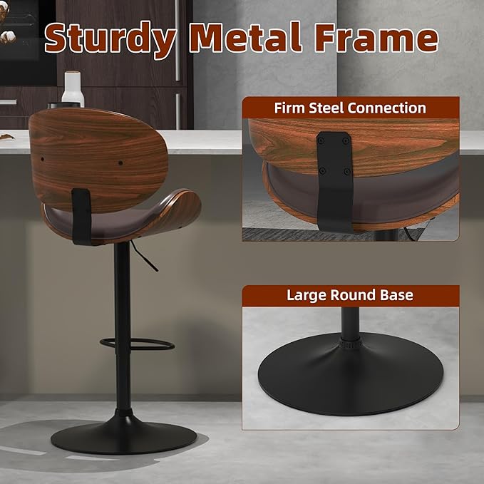 civama Bar Stools Set of 3 for Kitchen Counter, Adjustable Bar Height Chairs, Modern Swivel Barstools with Bentwood Seat and Back with Footrest for Kitchen Island, Dining Room, Brown PU Leather