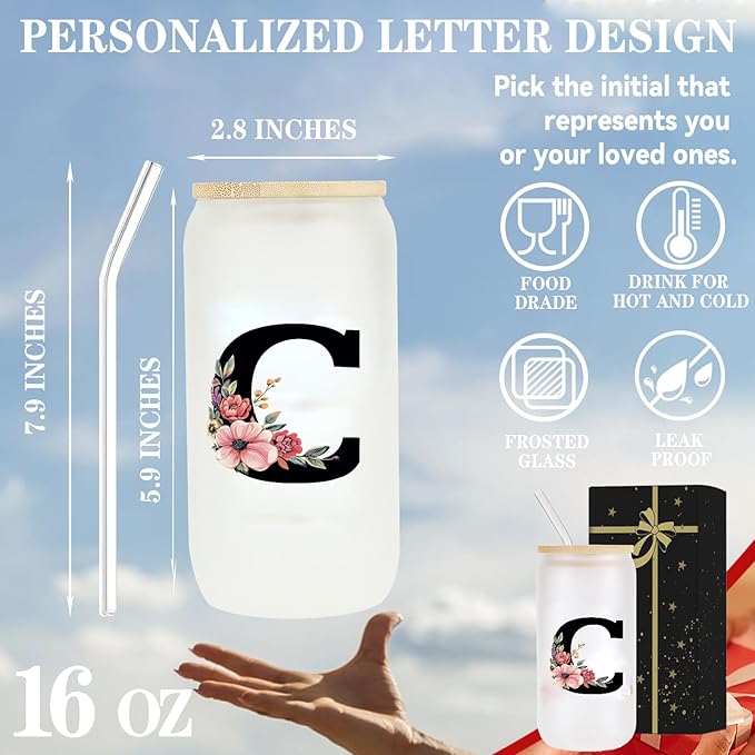 Monogrammed Glass Drinking Tumbler Cup With Bamboo Lid Straw E