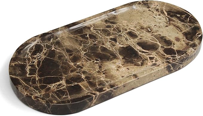100% Real Natural Marble Tray for Bathroom, Luxury Dark Brown Stone Vanity Tray, Decorative Oval Trays for Countertop Storage, Organizer, Vanity, Dresser, Kitchen, Home Decor, 11.8" x 6", Brown
