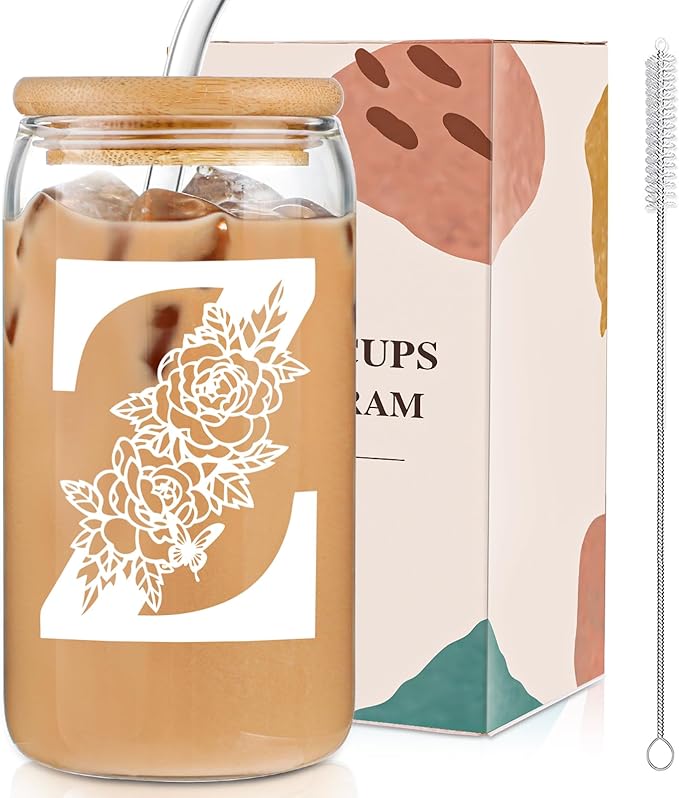 DWTS DANWEITESI Birthday Gifts for Women: Initial Glass Cup as Office Graduation Memorial Holiday Personalized Gifts - for Teacher Employee Nurse Coworkers Bridesmaid Bride - Z Aesthetic Cup