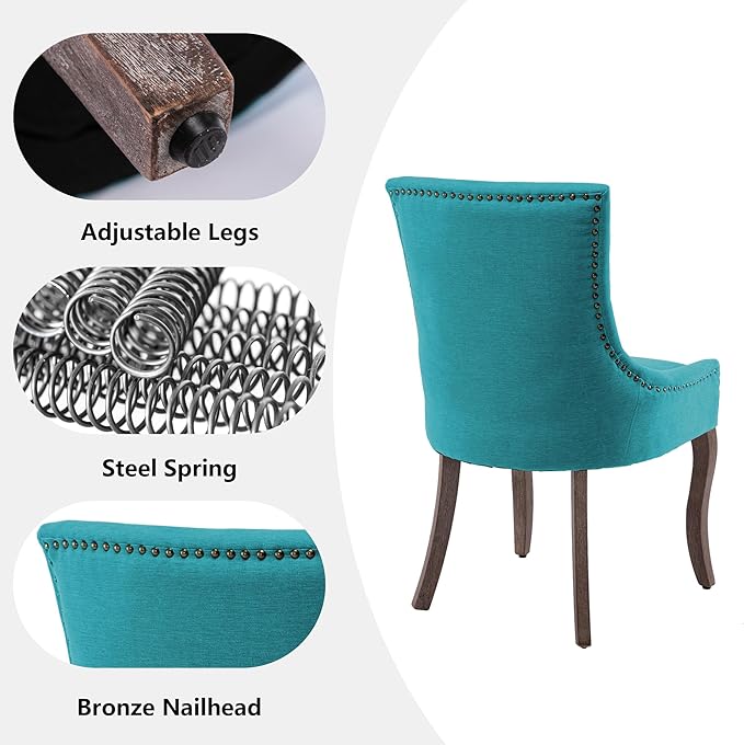 Farmhouse Dining Chairs Set of 4, Upholstered Fabric Dining Room Accent Chairs with Wood Legs & Bronze Nailhead, High Wingback Kitchen Chairs for Living Room Hotel Apartment, Blue