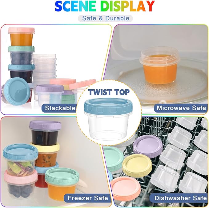 6pcs 4 oz Plastic Containers with Screw Lids, Reusable 1/2 Cup Small Food Storage Containers, Leakproof, Microwave Dishwasher Freezer Safe, with Pen and Brush