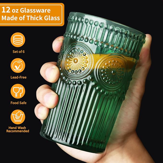 6pcs Vintage Drinking Glasses Set, 12 oz Atroviens Highball Glasses, Embossed Ribbed Glassware Cups for Cocktail, Water, Juice, Coffee, Whiskey