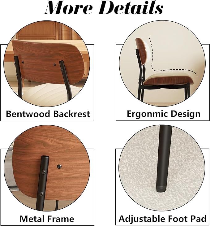Modern PU Leather Dining Room Chairs Set of 2, Upholstered Kitchen Chairs with Curved Wood Backrest and Metal Legs Adjustable Feet for Kitchen Dining Room(Beige)