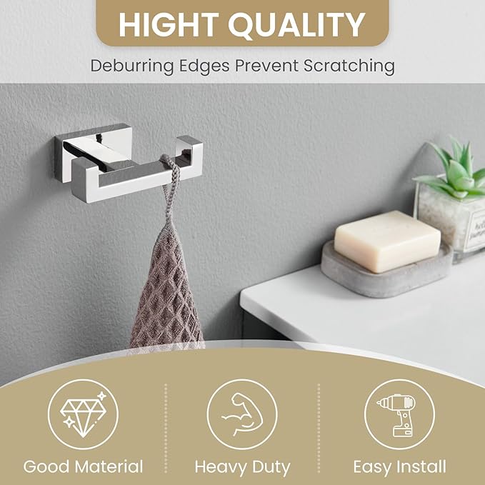 Suyar Double Towel Hook, SUS304 Stainless Steel Bathroom Hand Towel Holder, Bath Coat Robe Hanger Polished Chrome, Wall Mounted