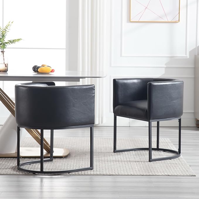 Faux Leather Dining Chair Modern Barrel Arm Chairs with Black Metal Frame, Upholstered Kitchen Chairs 18.5" Wide Accent Chair for Living Room Dining Room Restaurant, Black