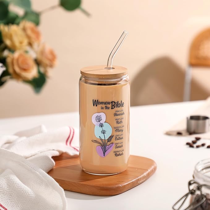 Christian Gifts for Women - Women of the Bible Glass Coffee Tumbler with Straw and Gift Box - 16oz Christian Mug for Mother's Day, Sister, or Bible Lovers
