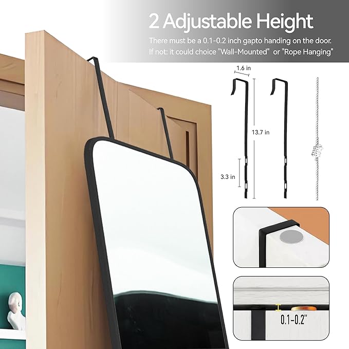 47x14 Mirror Full Body Length Door Hanging/Rope Hang/Wall Mounted Metal Frame Rectangle Mirrors for Bedroom Bathroom Dressing Living Room 47 inch Black
