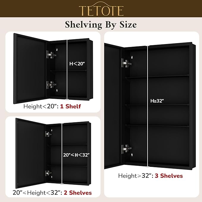 TETOTE 14 x 18 Medicine Cabinet with Tempered Beveled Mirror Black Mirrored Medicine Cabinets for Bathroom Aluminum Cabinet DTC Hinges, Stepless Adjustable Shelves, Recessed/Surface-Mounted