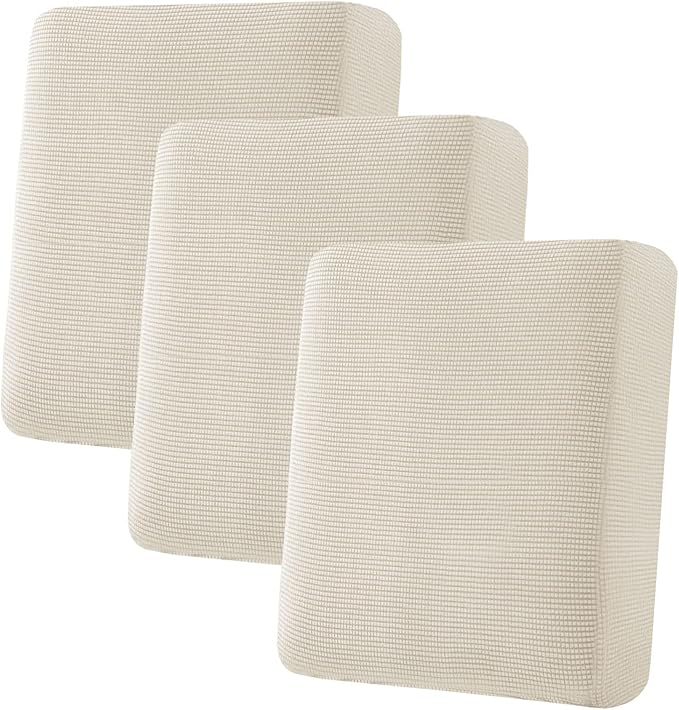 H.VERSAILTEX Super Stretch Individual Seat Cushion Cover Sofa Covers Couch Cushion Covers Slipcover Sets Thick Jacquard Textured Twill Fabric (3 Piece Sofa Cushion Covers, Natural)