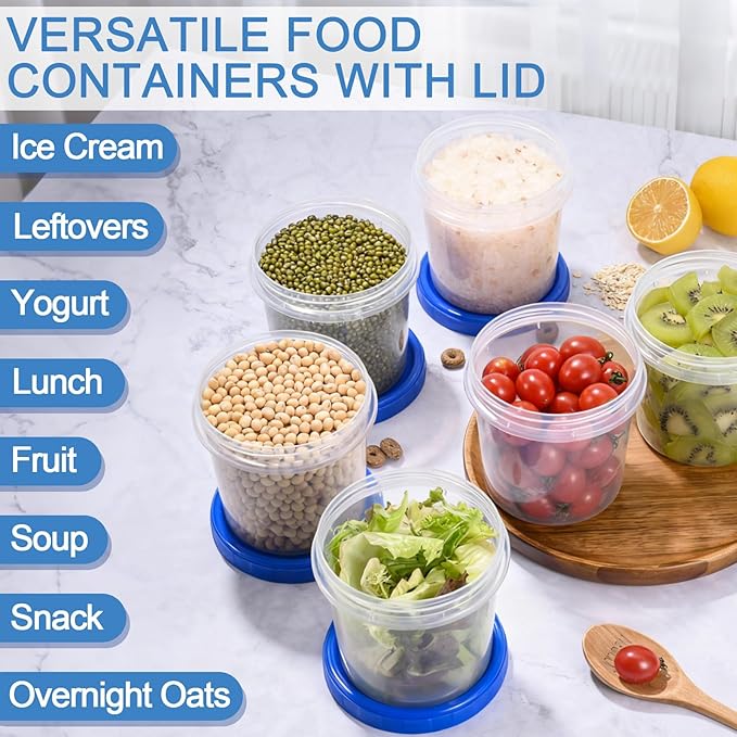 24 Pcs 16 oz Plastic Deli Containers with Screw Lids, Freezer Storage Containers Reusable 2 Cup Food Storage Container with Pen & Brush for Snack Salad Fruit, Microwave & Dishwasher Safe