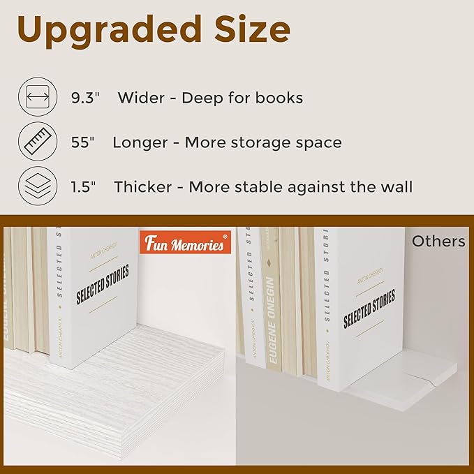 Fun Memories Floating Shelves for Wall, 48 x 9.3 Large Floating Shelf Wall Mounted Set of 2, Rustic Wood Shelves for Bathroom, Kitchen, Living, Heavy-Duty Storage Deep Shelf for Books, Decor, White