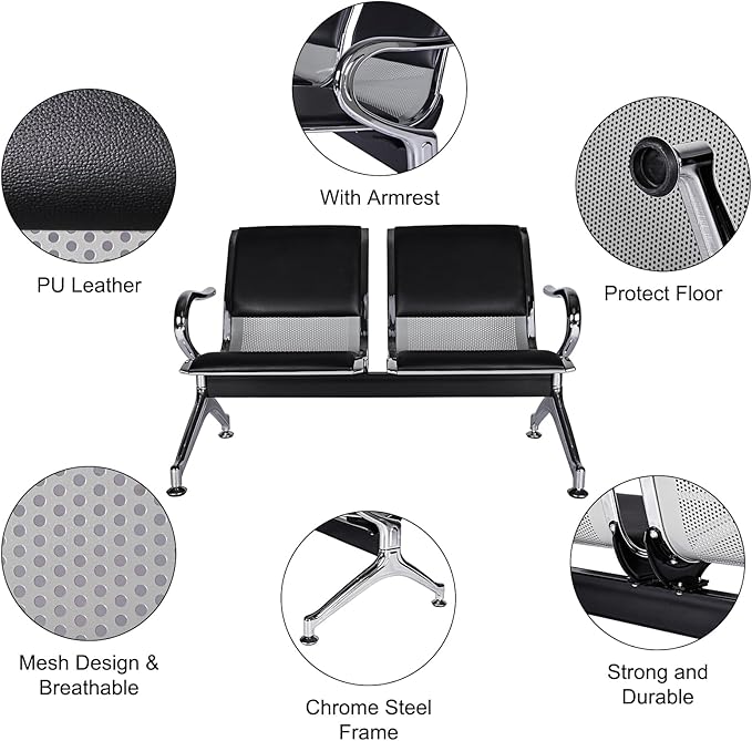 Kinfant 5-Seat Waiting Room Chairs Sofa Furniture - Office Guest Reception Chair with Armrest for Waiting Room Airport Hospital Bank (Black - PU+Mesh)