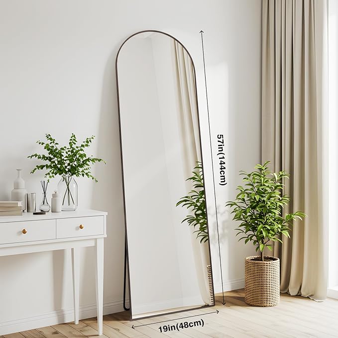 Arched 19x57 Inch Full Length Mirrors Aluminium Frame in Classic Graylish Driftwood Looking Free Standing Floor Mirror Full Body Wall Mounted for Bedroom Living Room and Hallway