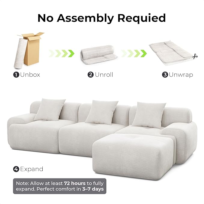 LIKIMIO 118" Modern L-Shaped Modular Sectional Sofa for Living Room, Oversized 3-Seater Cloud Boneless Couch with Deep Seat and Movable Ottoman, Corduroy Upholstery, No Assembly