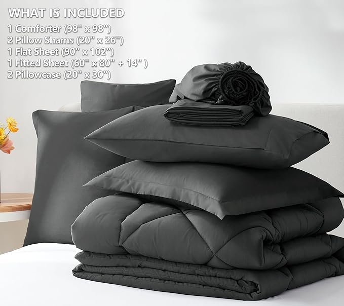 CozyLux Oversized Queen Comforter Set Dark Grey, 7 Pieces Bed in a Bag Comforter Set with Sheets Luxury Bed Set All Seasons, Bedding Set with Down Alternative Comforter, Sheets, Pillowcases & Shams