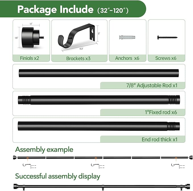 Time Forest Black Curtain Rods for Windows 32 to 120 Inch (2.6-10 Feet), 1 Inch Diameter Adjustable Heavy Duty Curtain Rod, Modern Style Indoor Outdoor Long Window Drapery Rods with End Caps