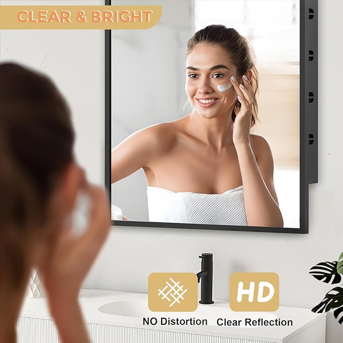 Recessed Medicine Cabinet with Mirror 20x26 inch, Mirrored Medicine Cabinets for Bathroom, Black Bathroom Mirror with Storage, Metal Medicine Cabinet with Mirror, 2 Adjustable Metal Shelves
