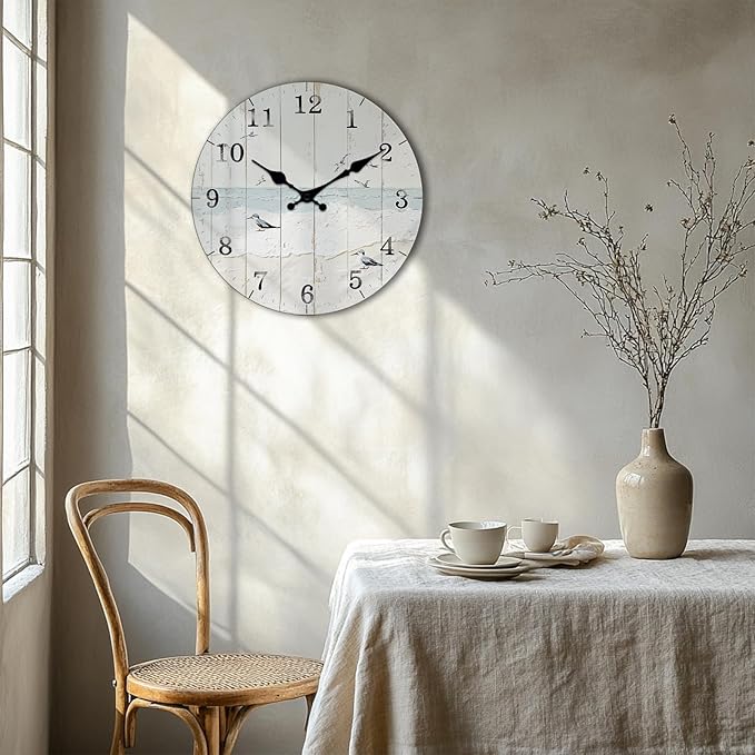 Quiet Rustic Wooden Wall Clock with Tempered Film - 10 Inch Coastal Round Wall-Clock Battery Operated Silent Vintage Clocks for Farmhouse, Bedroom Decor