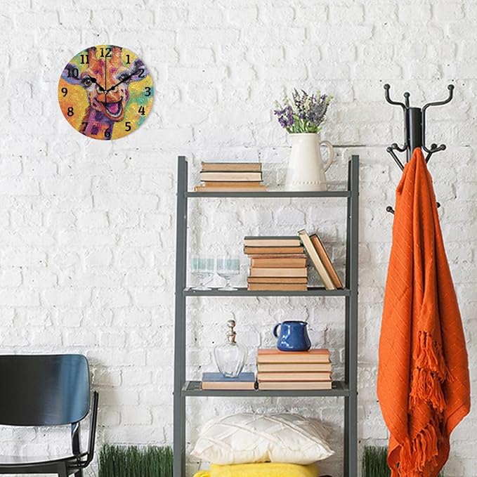 Wall Clock Colourful Giraffe Oil Painting Silent Non Ticking Wall Clock Decorative Battery Operated Wall Clocks for Home Kitchen Bedroom Living Room Office