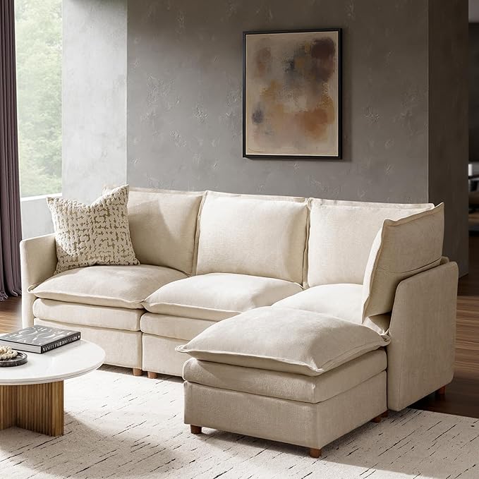HULALA HOME 98'' Oversized Modular Sectional Sofa with Dual-Layered Cushions, L Shaped 4 Seater Couch with Storage Ottoman and Removable Cover, Modern Deep Seat Cloud Couch for Living Room, Beige