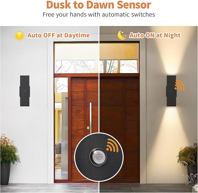 Dusk to Dawn Outdoor Lighting, LED Square Up and Down Outdoor Sconce Lights, Matte Black Exterior Lighting Fixtures with 7W LED Bulbs, Front Porch Lights for House, Garage, Patio, Doorway, 1 Pack
