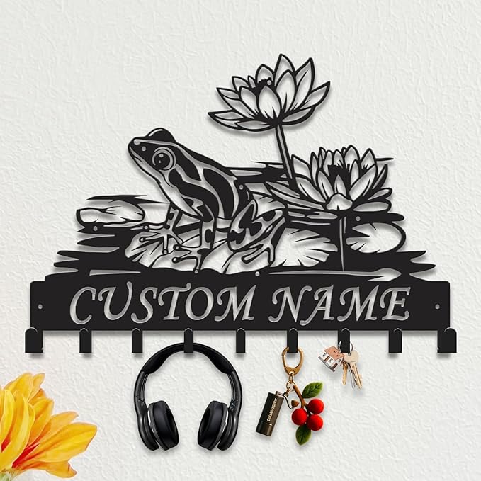 Custom Frog Key Holder for Wall Entryway, Personalized Metal Name Sign with Hooks Coat Rack & Dog Leash Holder, Decorative Wall Hanger Organizer (Style-2)