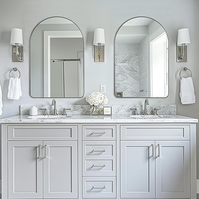 ANDY STAR Arched Mirror, 24 x 36 Inch Brushed Nickel Bathroom Mirror with Stainless Steel Metal Frame, Arch Top Rounded Corner 1 Inch Deep Set Design Wall Mount Hangs Vertical
