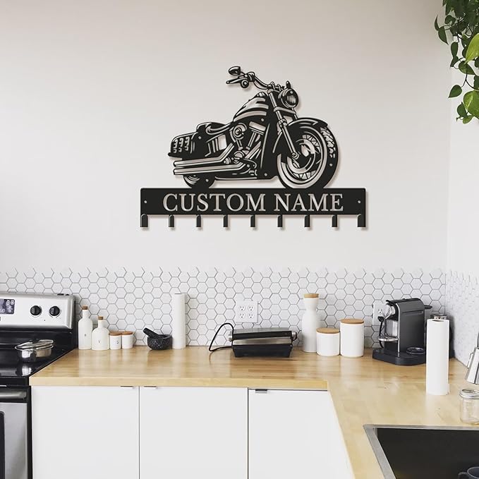 Personalized Motorcycle Metal Key Holder, Custom Last Name Metal Wall Sign, Hanging Storage Rack for Garage and Home Decor (Style-1)
