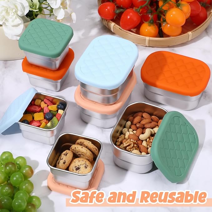 8 Pcs Stainless Steel Snack Containers 8oz & 4oz Easy Open Leak Proof Food Containers with Silicone Lids Reusable 304 Metal Food Box for School Home Picnic (Macaron)