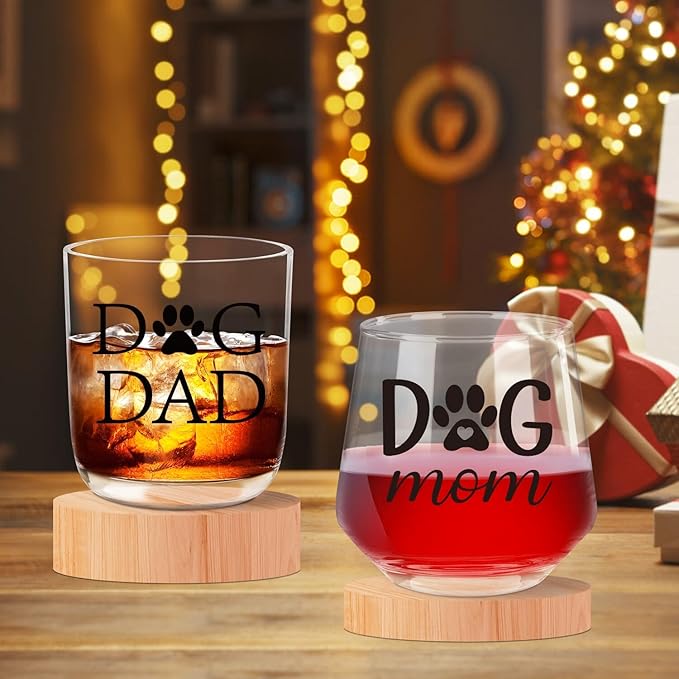 Ithmahco Dog Parent Christmas Gifts, Dog Mom Wine Glass And Dog Dad Whiskey Glass Set For Dog Lovers, Couples Gift For Dog Owners, Dog Mom Gifts For Women, Dog Dad Gifts For Men