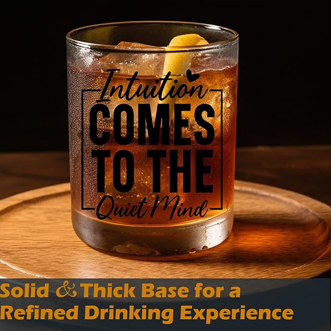 Inspirational Mindfulness Gifts Old Fashioned Whiskey Glasses, Meditation Yoga Lovers Gifts, Intuition Leads to the Quiet Mind 10 oz Rocks Barware Cup for Cocktail Drinks Scotch Bourbon Liquor