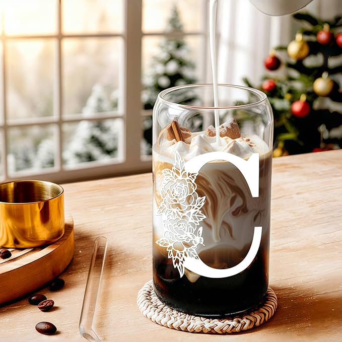 DWTS DANWEITESI Birthday Gifts for Women: Initial Glass Cup as Office Graduation Memorial Holiday Personalized Gifts - for Husband Aunt Uncle Teen Boy Employee Coworkers Him and Her - C Aesthetic Cup