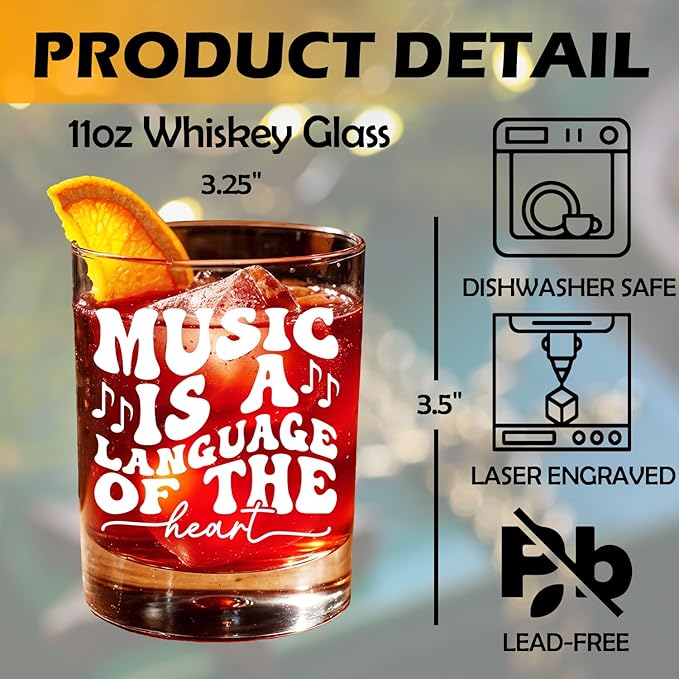 Musical Lovers Gifts Old Fashioned Whiskey Glasses, Music Gifts for Women Men, Music Is a Language Of The Heart 10 oz Rocks Barware Cup for Cocktail Drinks Scotch Bourbon Liquor