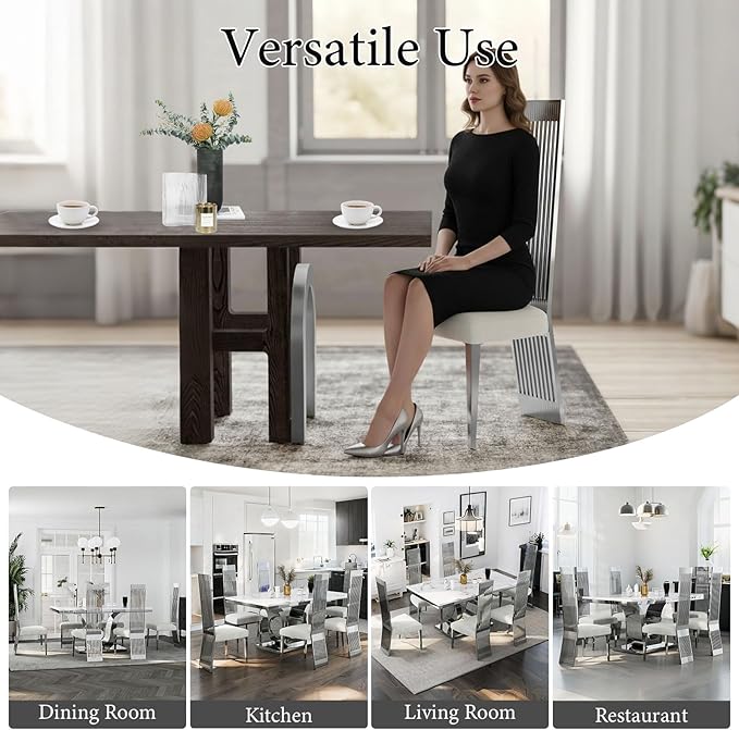 Dining Chairs Set of 12, Boucle Upholstered Modern Dining Chair, Elegant White and Silver Dining Room Chair with Polished Silver Stainless Steel Legs and Backrest for Kitchen Restaurant