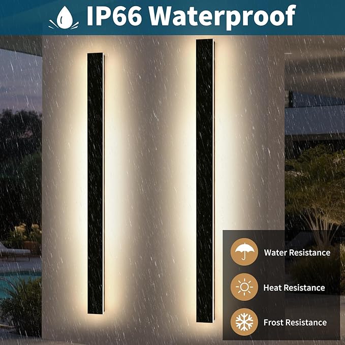 2 Pack 71inch Modern Outdoor Wall Light, 3000K-6000K Dimmable Outside Wall Sconce, Black Exterior Lighting Fixture, IP65 Waterproof Linear Long Garage Lights for Porch Patio Garden with Remote Control